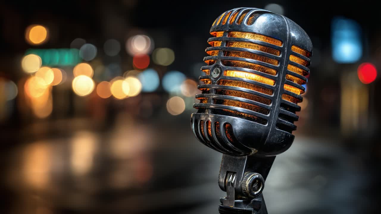 A Classic Microphone: Capturing the Essence of Sound in a Vibrant Night Setting, Highlighted by Soft Bokeh Backgrounds and a Charming Atmosphere