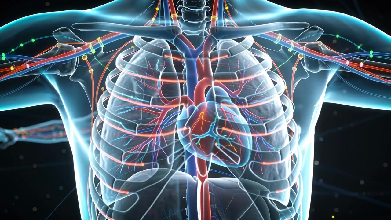 Avviando la riproduzione, la telecamera zooma verso un torso nel vuoto, mostrando un cuore pulsante e vasi sanguigni per lo studio.