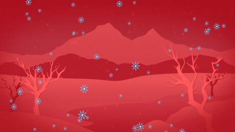 Animation-of-snow-falling-over-winter-landscape-with-trees-and-mountains-on-red-background