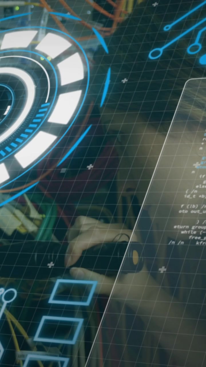 Animation of digital interface over caucasian female server room worker
