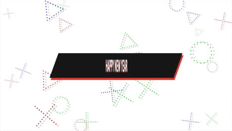 texto de feliz año nuevo con memphis patrón geométrico abstracto