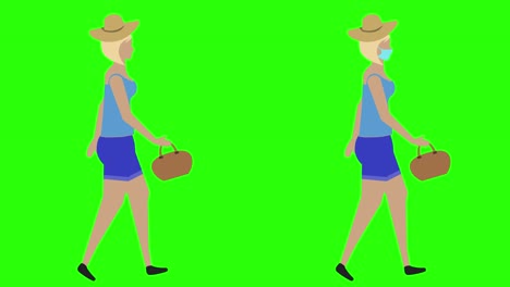 women walking cycle seamless loop , face mask version, green screen chroma key animation, flat design