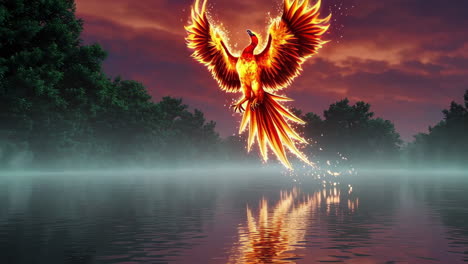 Fiery Phoenix Soaring Above a Misty Lake