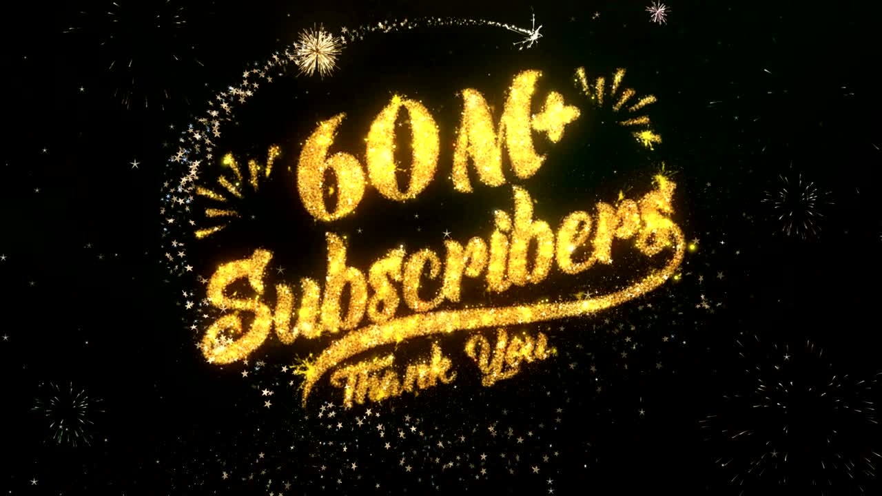 60m 가입자 인사 및 희망 카드는 반이는 입자 및 반이는 빛의 어두운 밤 하늘과 다채로운 불꽃놀이 4k 배경으로 만들어졌습니다.