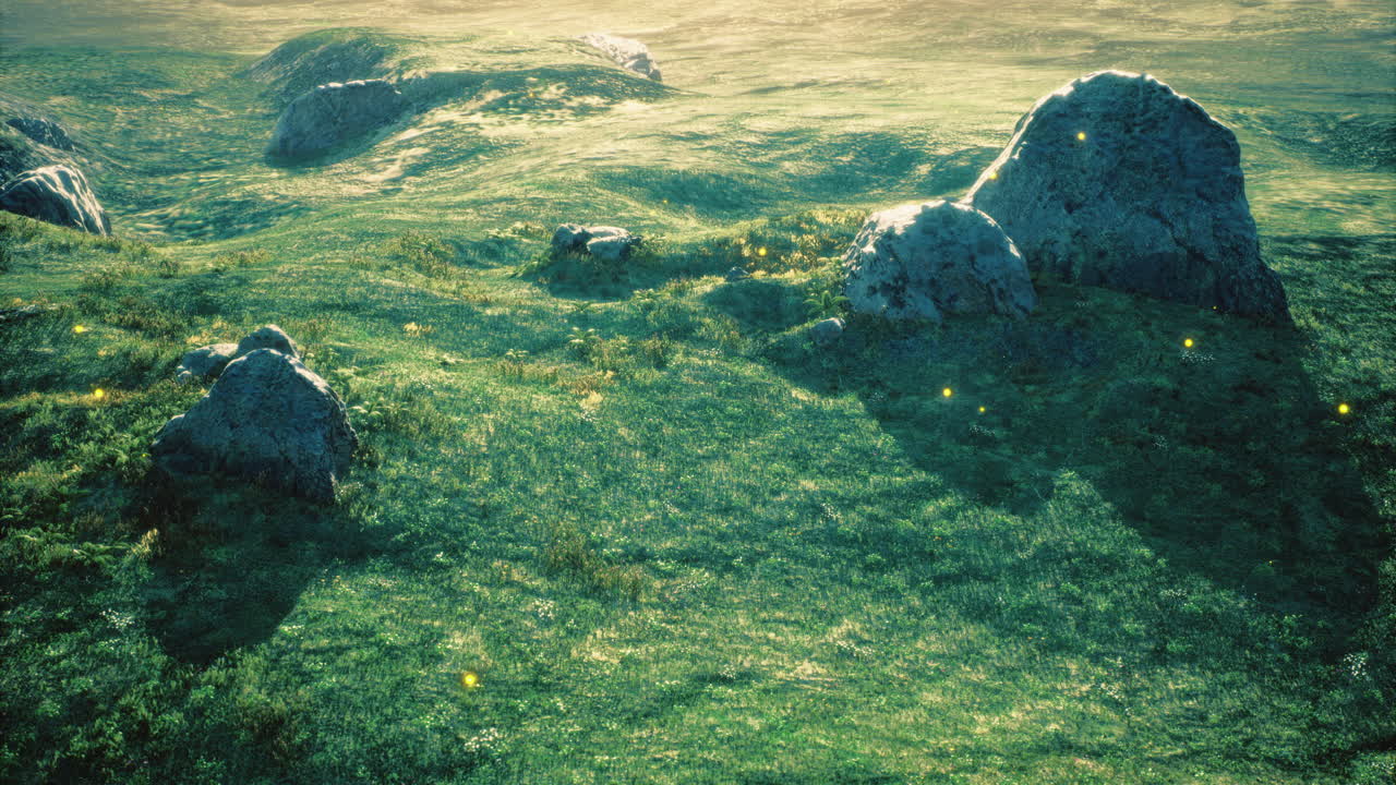 Rolling hills with large rocks and glowing lights under soft sunlight