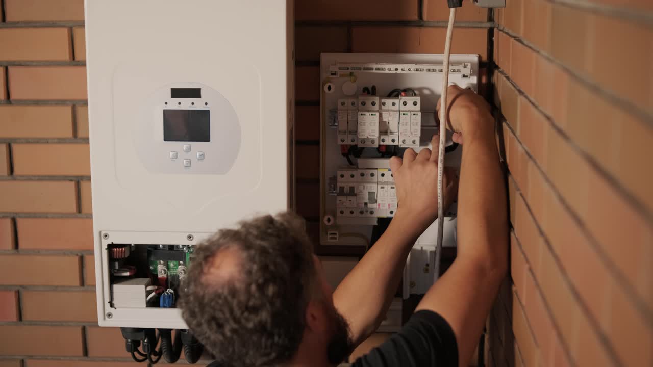 un electricista instalando un inversor en un hogar. la imagen muestra habilidad técnica, herramientas modernas y atención a la seguridad en el trabajo eléctrico