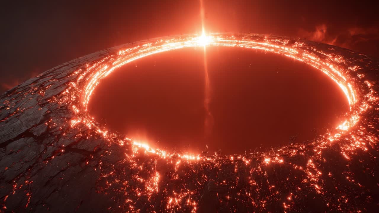 Una vista impresionante de un anillo ardiente y brillante de lava fundida que rodea un planeta misterioso y oscuro, destacando el calor intenso y la belleza cruda de un paisaje volcánico