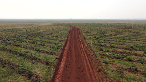 An-aerial-view-of-a-dirt-road-meandering-through-a-countryside-field,-providing-a-rustic-charm-to-the-picturesque-rural-landscape