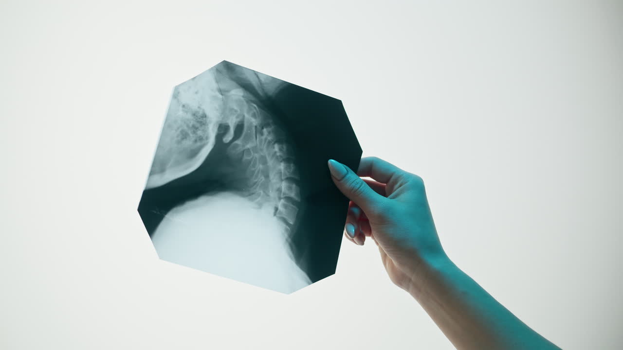 Mano che tiene una lastra radiografica della colonna vertebrale cervicale umana.