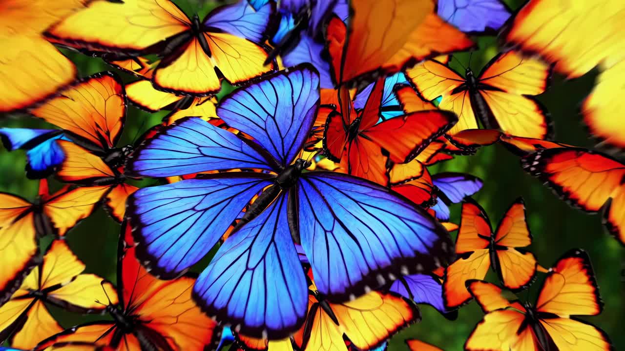 Vivaci farfalle volteggiano in una sequenza di movimenti ipnotica, mostrando un colorato spettacolo di ali blu e arancioni su un lussureggiante sfondo verde