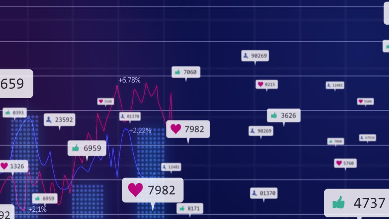 animación de iconos de redes sociales y procesamiento de datos estadísticos a través de la red de cuadrícula sobre fondo azul
