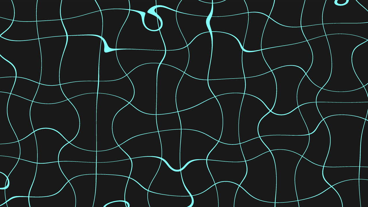 A mesmerizing black and blue wave pattern intertwines, where wavy blue lines swirl in circles amid a structured black grid of crisp, thin lines