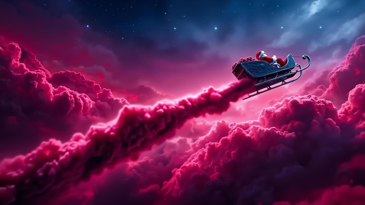 A santa claus flying in a sleigh in the sky with clouds