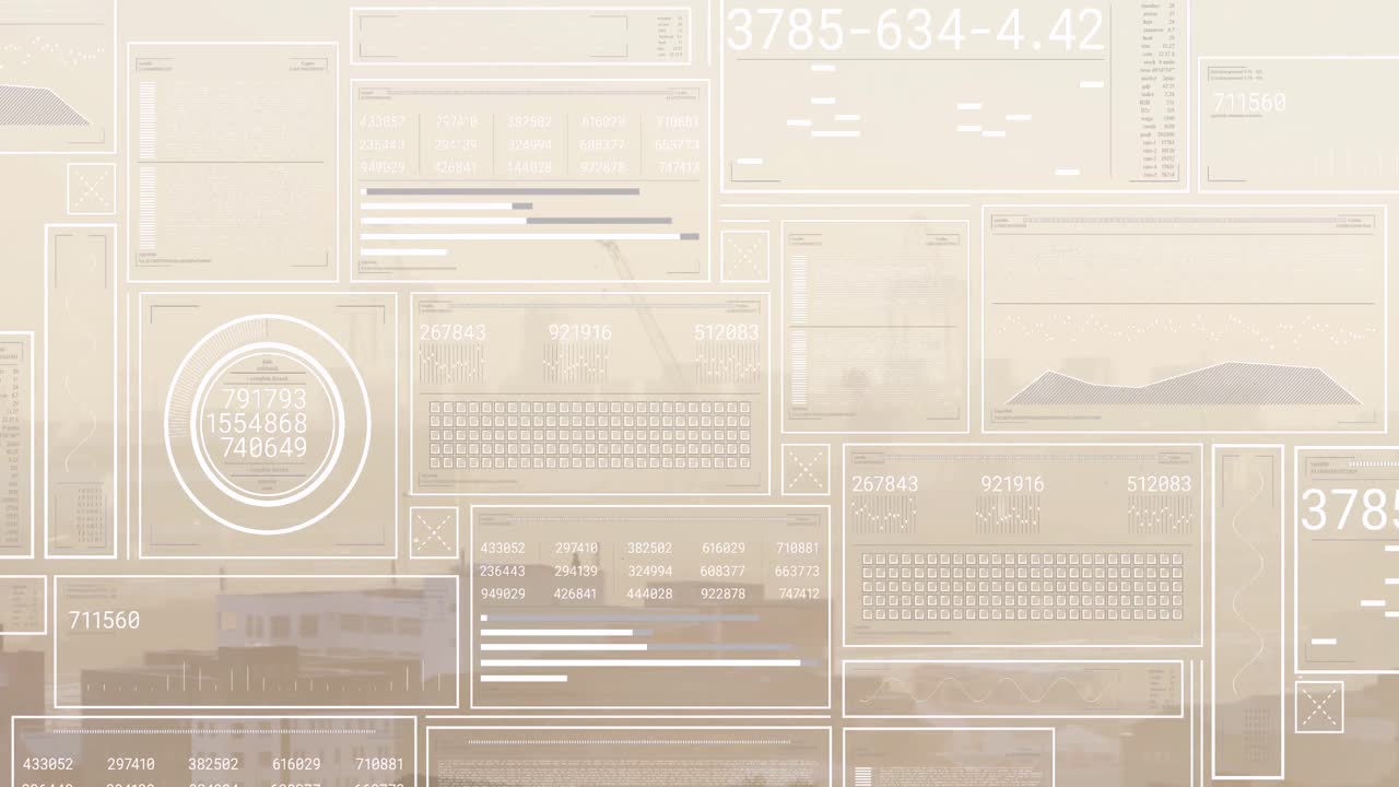 Animation of interface with data processing against aerial view of cityscape