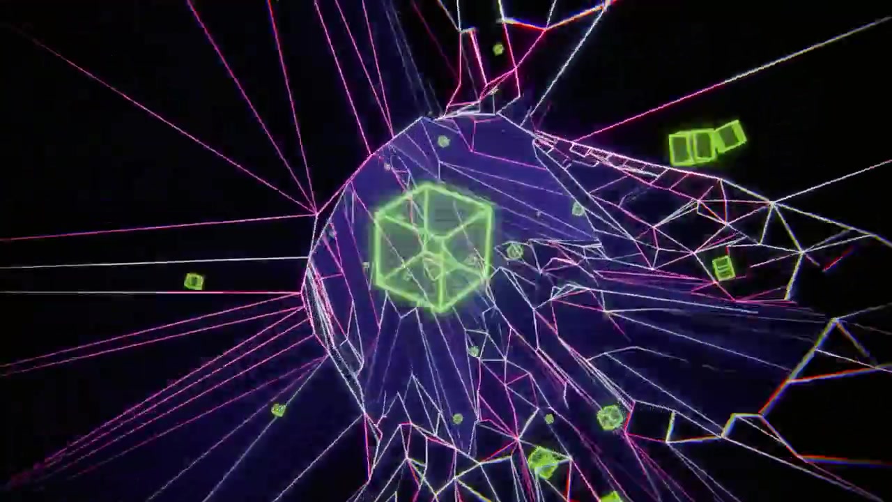 Terbang Melalui Terowongan Digital Futuristik dengan Wireframe dan Kubus Bercahaya