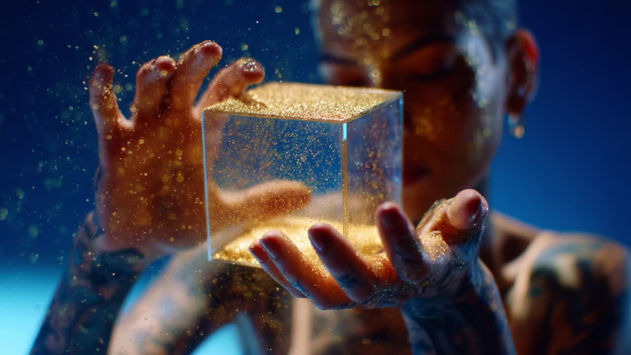 A Mesmerizing Display of Sparkling Gold Dust Enclosed in a Translucent Cube, Showcasing the Intriguing Interaction Between Light and Texture, Captured in Stunning Detail