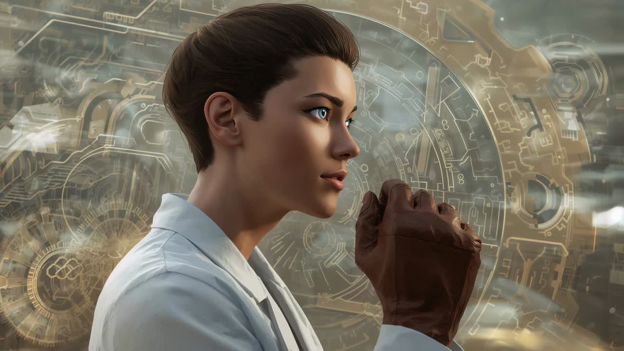 Clasping woman in white lab coat collecting herself, closing eyes, lowering brown gloves in HUD