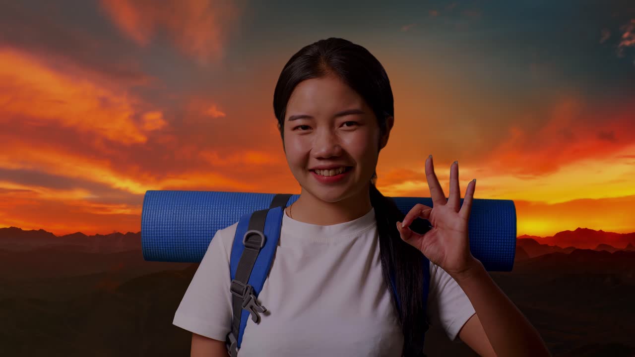 해가 지는 산에서 산책하는 행복한 여자