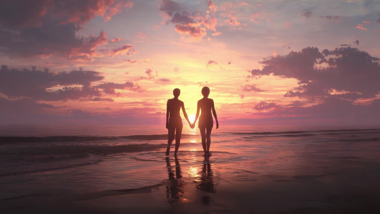 Silhouetted Figures Holding Hands Against a Vibrant Sunset over Calm Waters, Capturing a Moment of Connection and Tranquility in Nature's Embrace