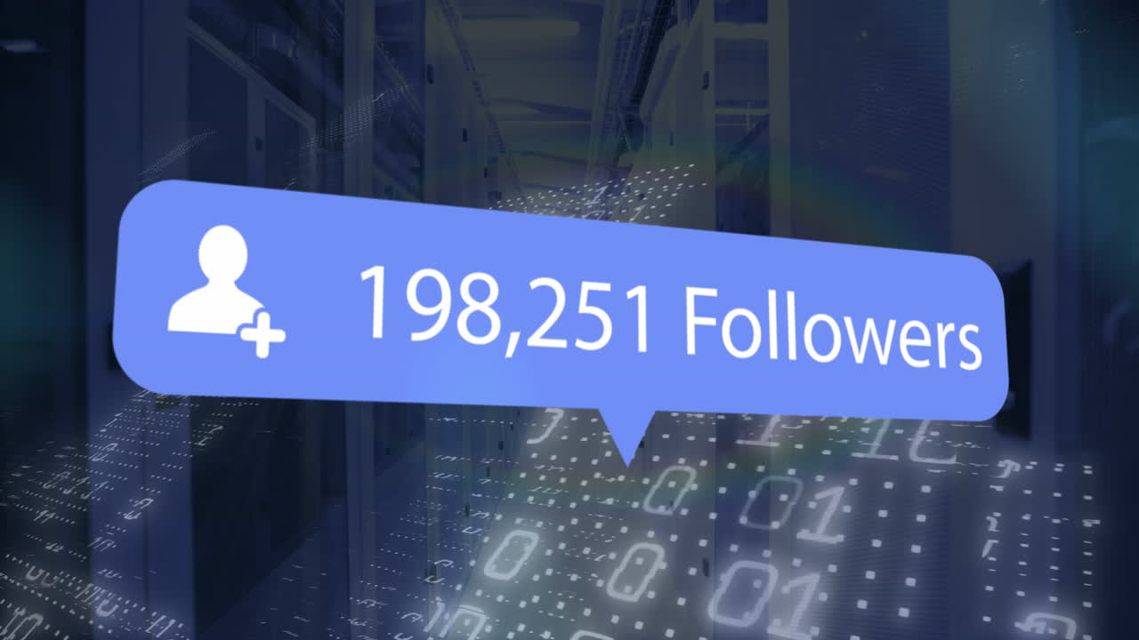 animación del icono del perfil con creciente número de seguidores y codificación binaria contra la sala de servidores de la computadora