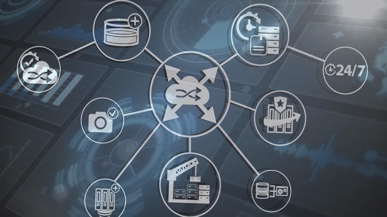 animación digital de una red de múltiples iconos digitales contra múltiples pantallas con procesamiento de datos