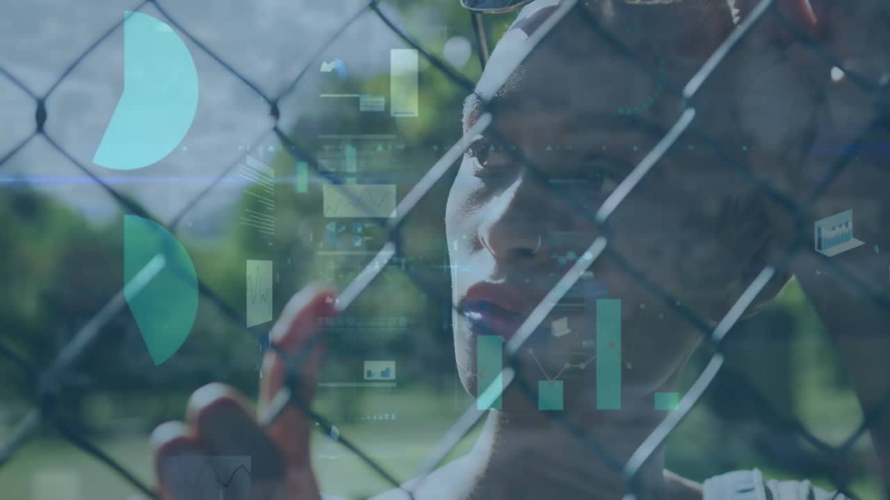 animación de globo y iconos sobre mujer biracial por la valla