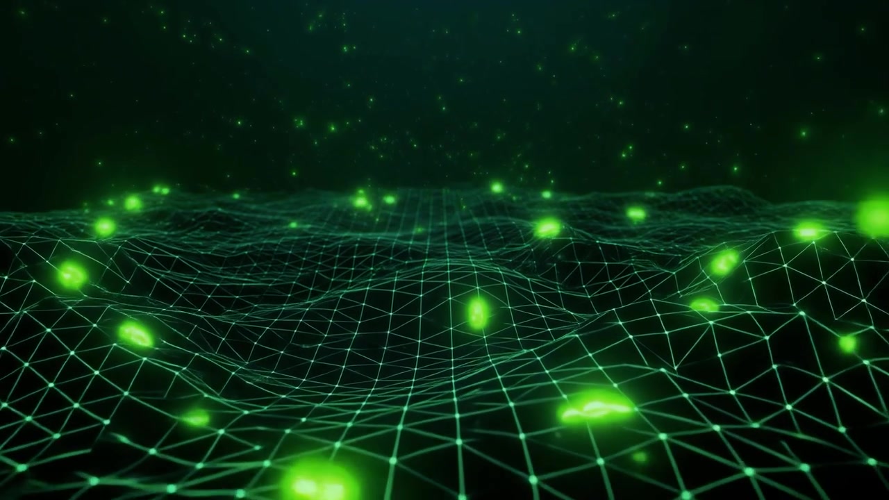 Abstract Digital Landscape with Glowing Green Particles and Wireframe Grid