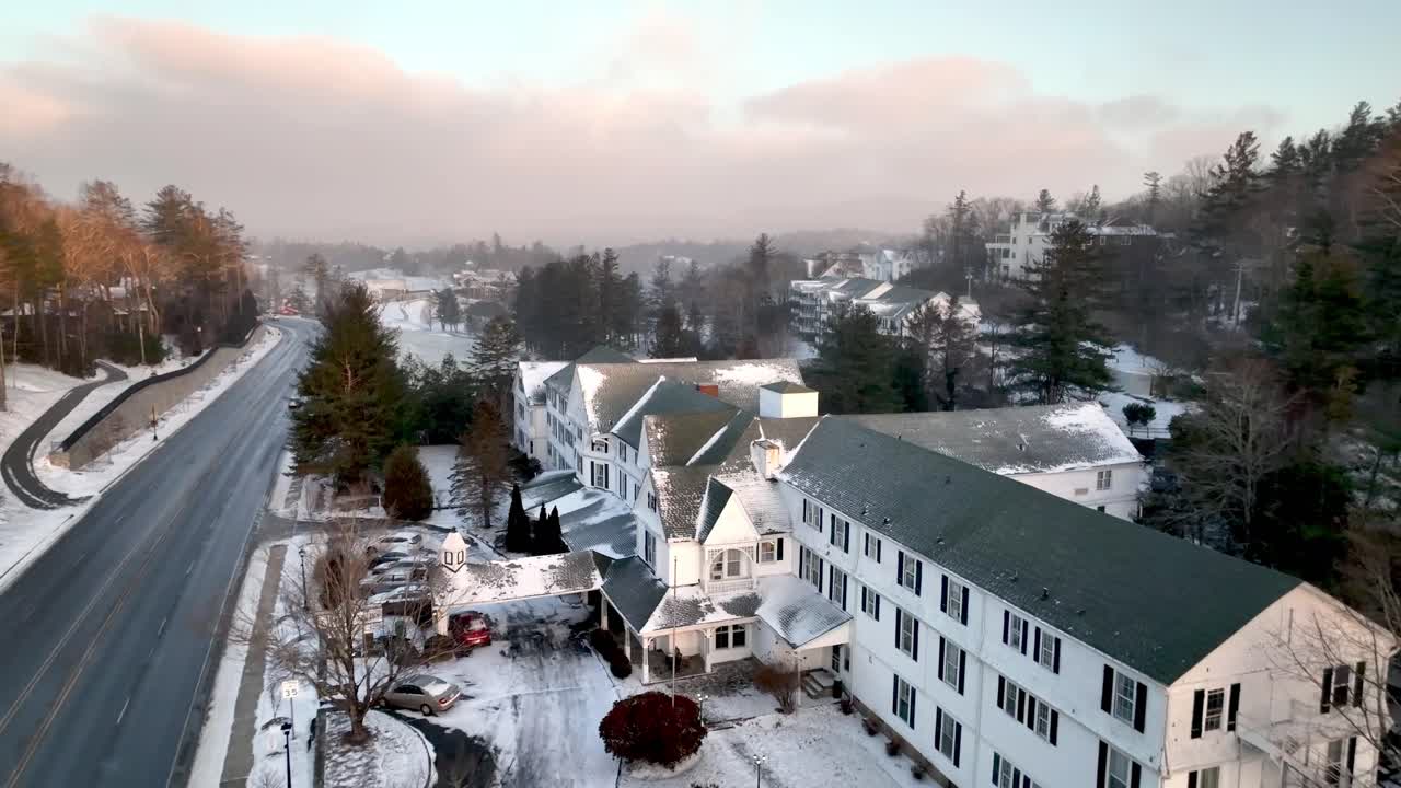 aerial fo green park inn in blowing rock nc after snow