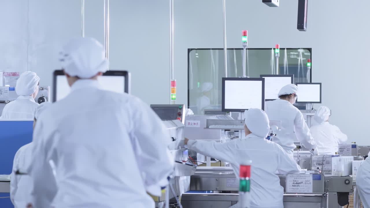 Innovation biopharmaceutical manufacturing facility, researchers in sterile protective suits develop new drugs in pharmacy factory lab Interior Scientists Work, check container bottles production line