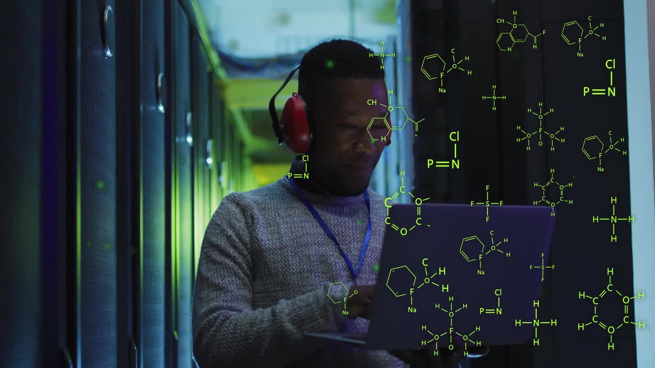 Animation of scientific data processing over african american male it technician by servers