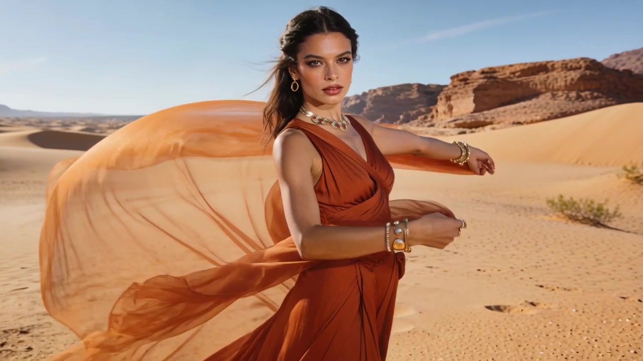 Modella che solleva e fa ondeggiare una sciarpa trasparente color ruggine-arancio nel deserto, mostrando gioielli d'oro per una pubblicità.