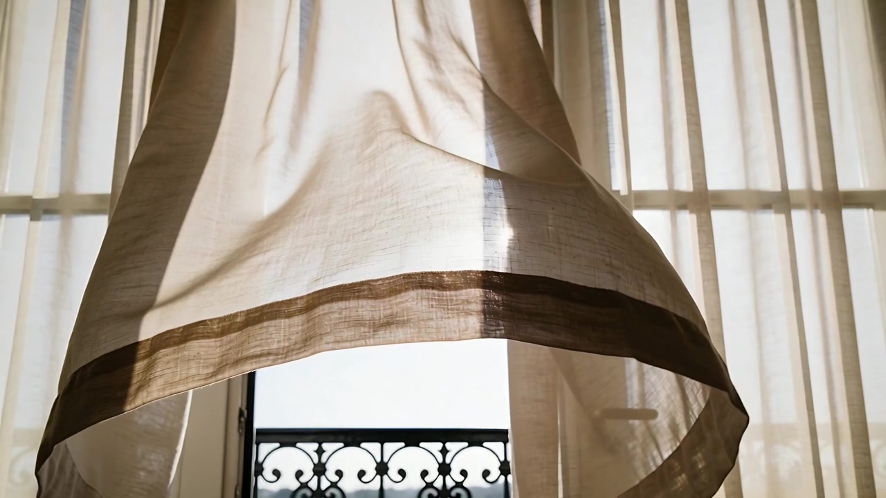 Un pannello di tenda velata si gonfia e svolazza verso l'interno a causa di una folata di vento, per poi posarsi sulle porte-finestre del balcone.