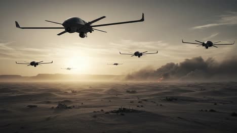 a fleet of advanced drones manuevering through a desert horizon at sunset, showcasing cutting-edge technology in unmanned aerial surveillance and combat operations