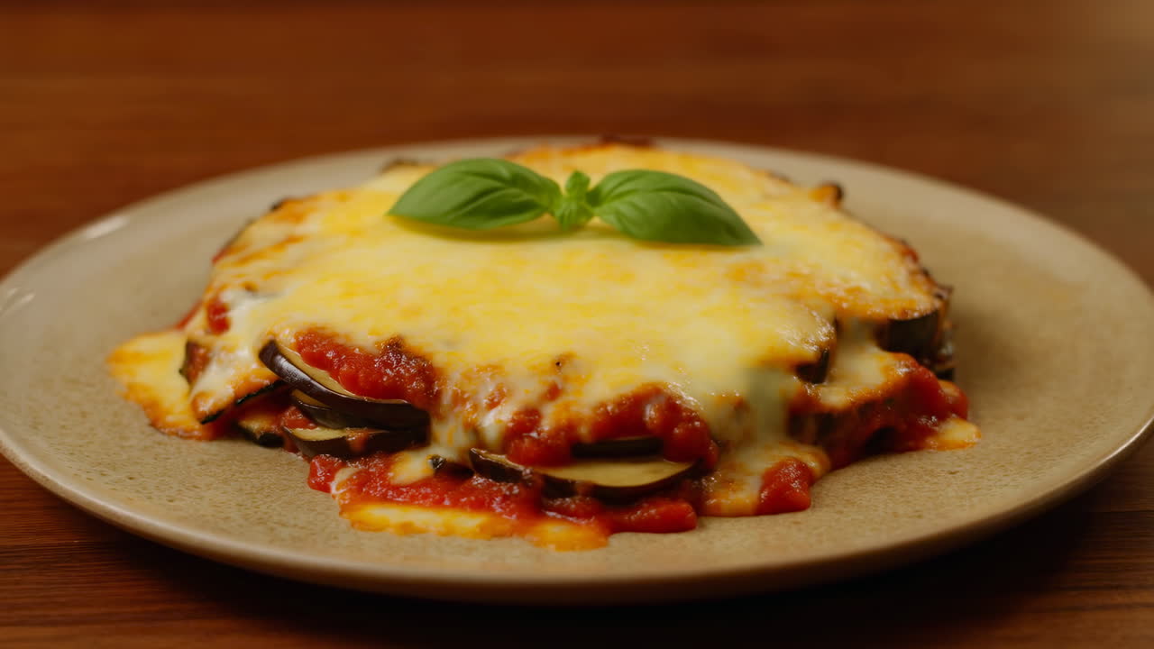 Parmigiana di melanzane al forno con formaggio fuso, porzione singola su piatto di ceramica, ricca salsa di pomodoro sotto una crosta dorata.