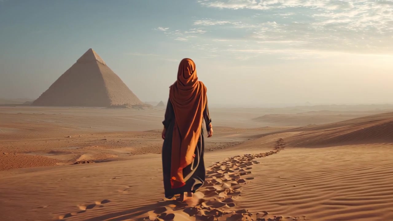 Cinematic wide shot of a lone traveler in traditional clothing walking across sand dunes toward the Great Pyramid of Giza, Egypt, in warm sunrise light