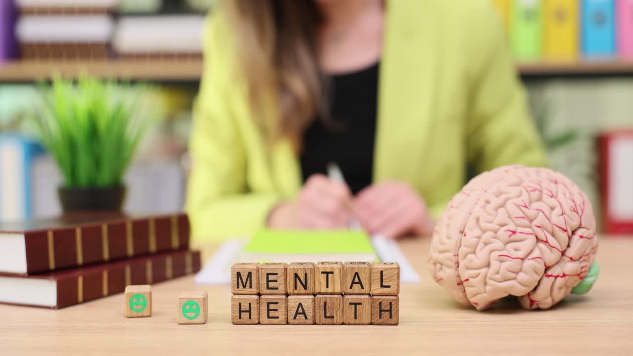 Mental Health Concept with Wooden Blocks and Brain