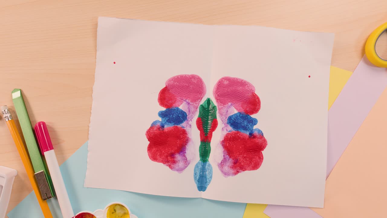 Overhead view of children making colorful symmetrical paint blots with watercolors on paper