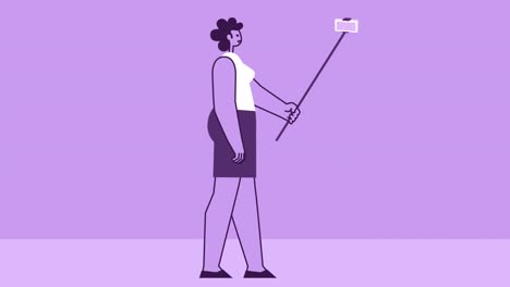 mujer de estilo púrpura personaje plano caminando con palo de selfie. animación de bucle aislado con canal alfa