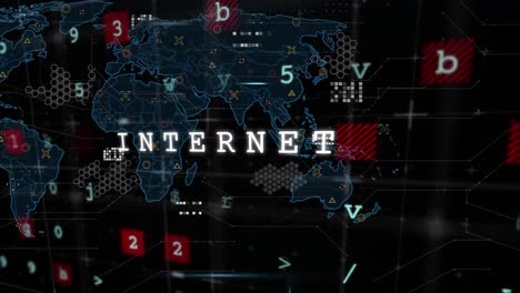 animation of internet connections text, markers and data processing over world map