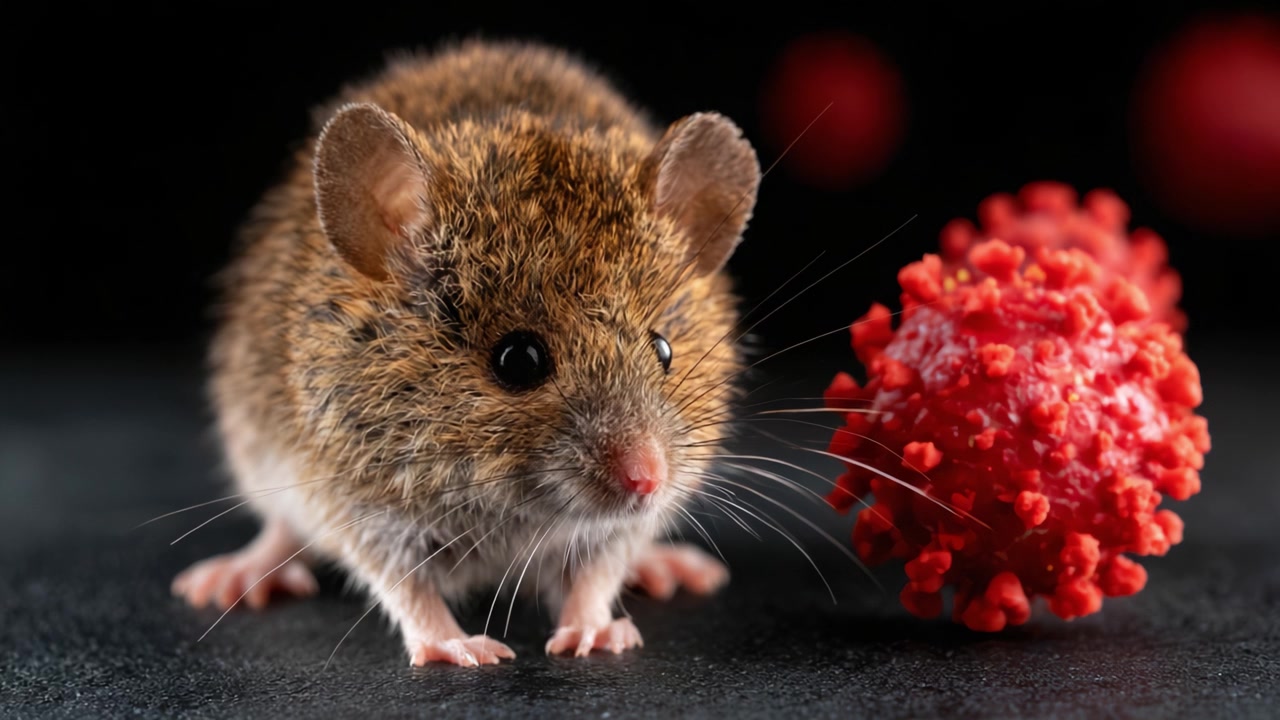 Una vista ravvicinata di un piccolo topo che indaga curiosamente una struttura rossa simile a un virus su uno sfondo scuro, in un intrigante studio biologico.