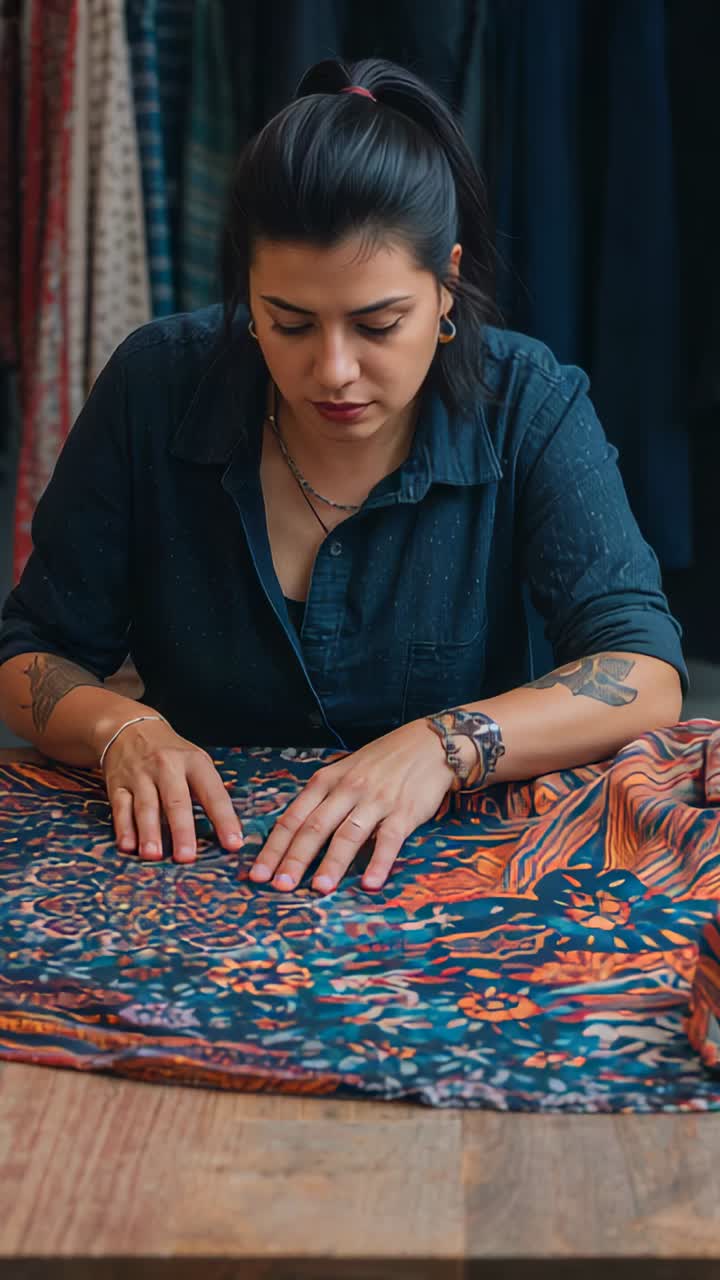Vertical video: Leaning woman in blue shirt smoothing bright fabric on wood table, checking pattern