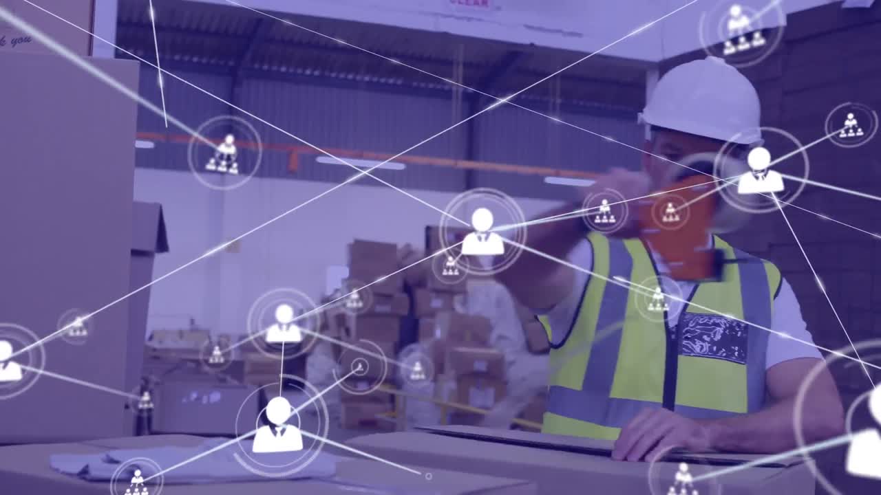 Animation of network of connections over caucasian man working in warehouse