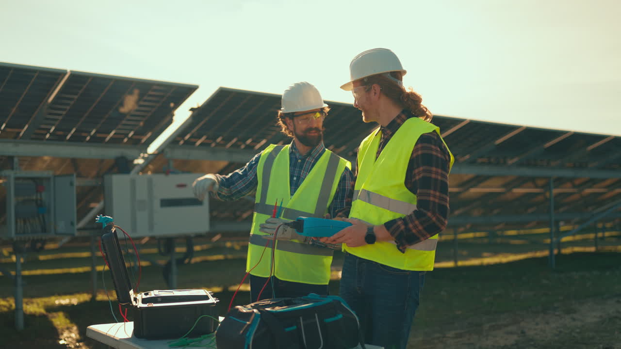 Engineers Inspecting Solar Panels in a Solar Farm