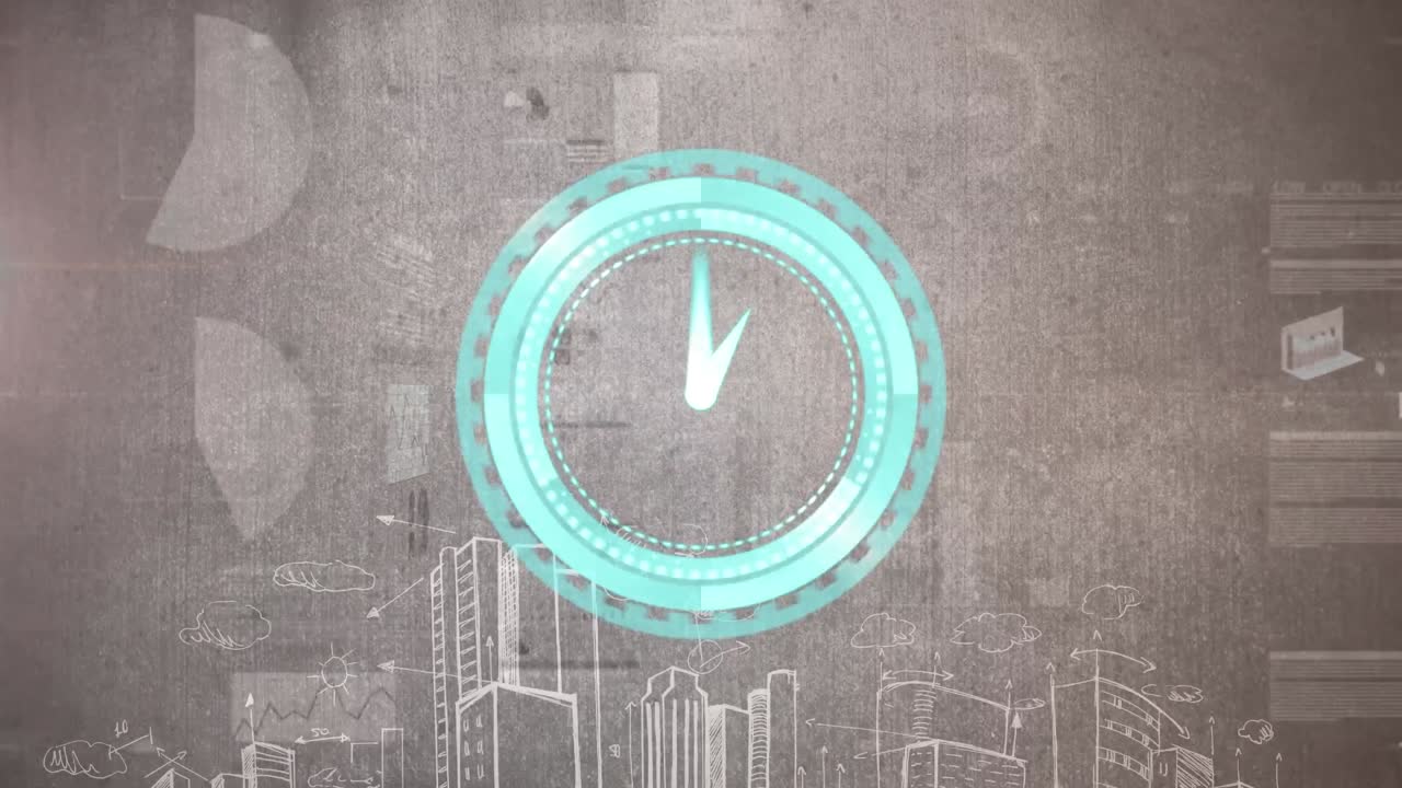 Animation of clock moving fast and statistics data processing over cityscape