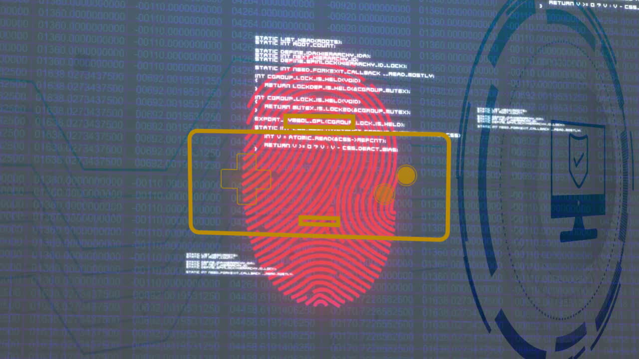 Animation of fingerprint and digital security symbols over binary code background