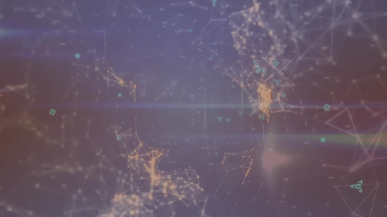 animación de iconos y puntos conectados que forman formas contra un fondo abstracto.