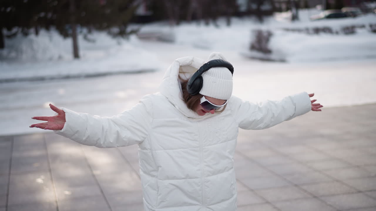 Beautiful girl wearing white puffer jacket, beanie, black goggles and headphones dancing in snow covered urban park plaza, smiling and moving hands around excitedly under soft overcast winter light