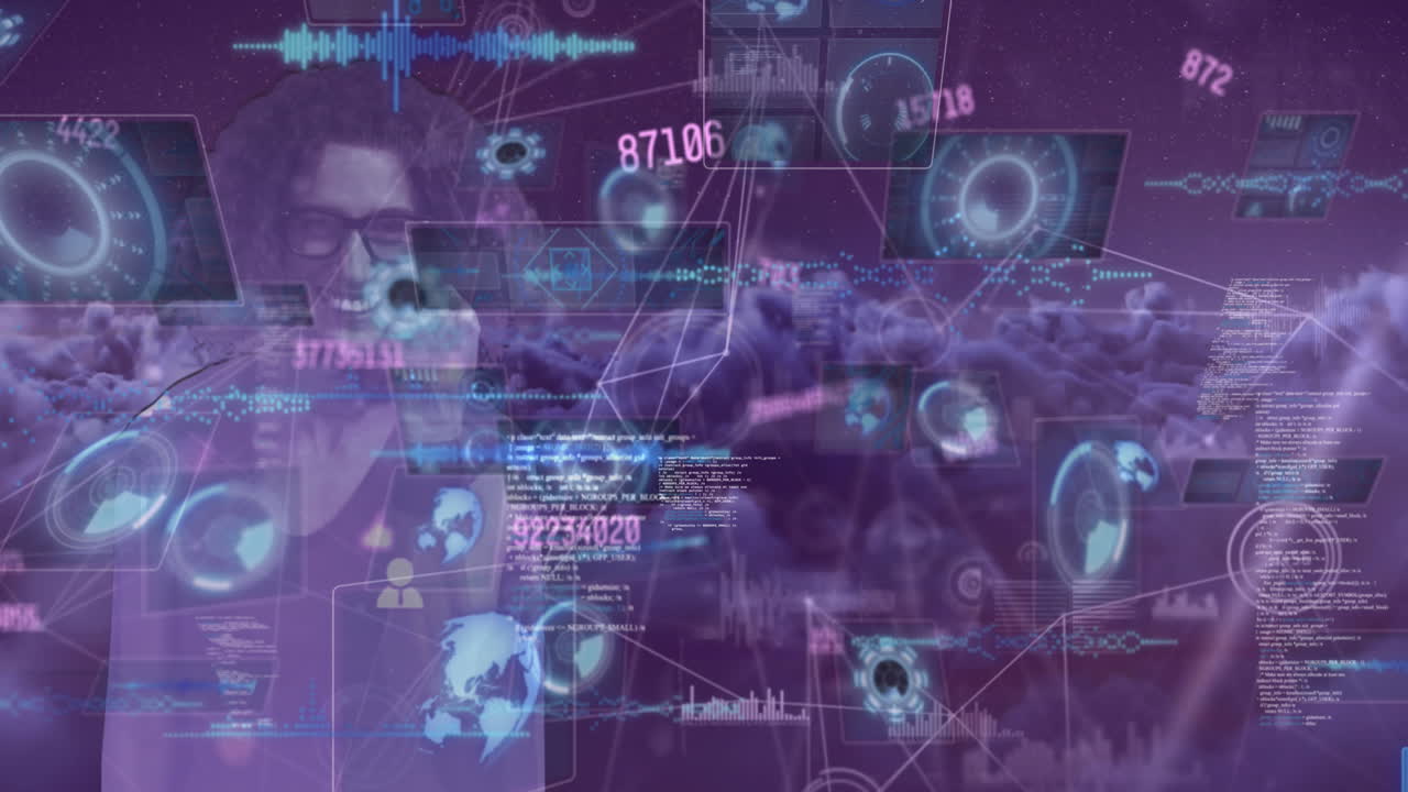 animación de mujer caucásica y procesamiento de datos sobre el cielo con nubes
