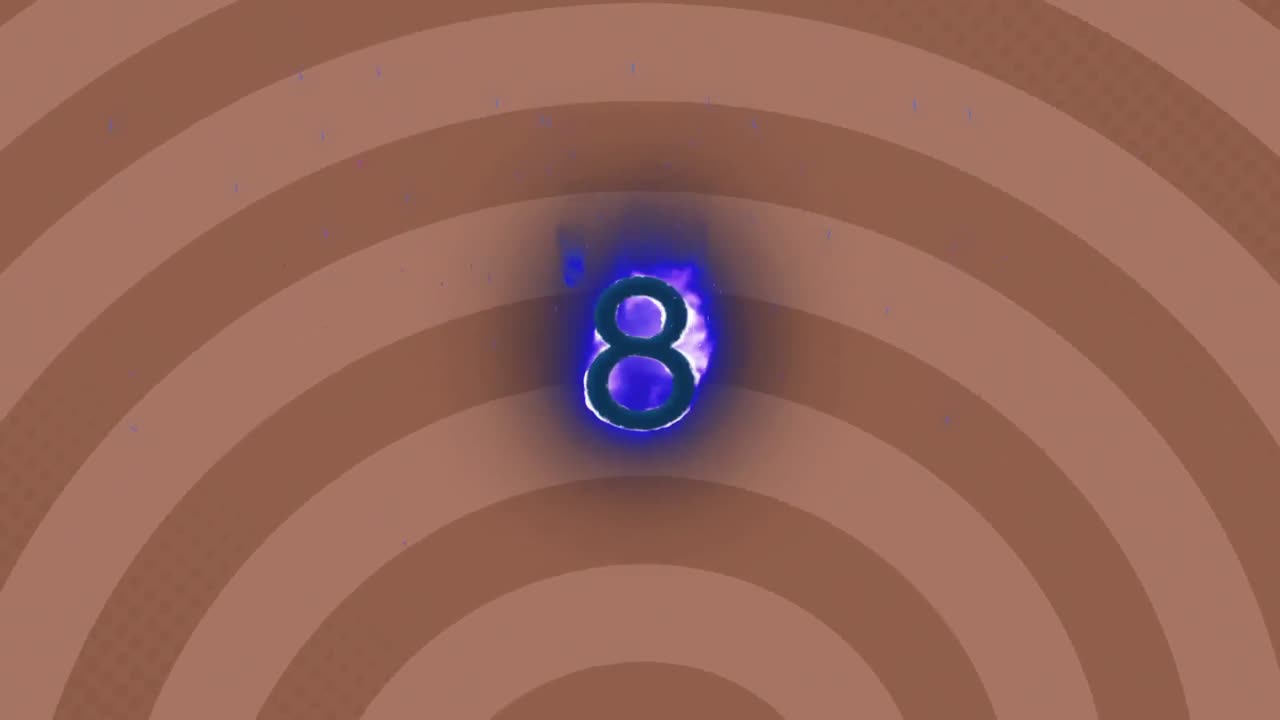 animación digital del efecto de llama sobre el número ocho contra espirales giratorias en fondo marrón