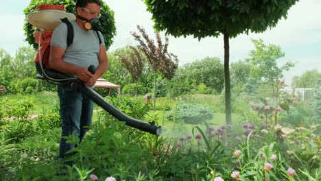 spray ecological pesticide. farmer fumigate in protective mask and glasses trees and bushes. man spraying toxic pesticides, pesticide, insecticides. gardener maintains a garden